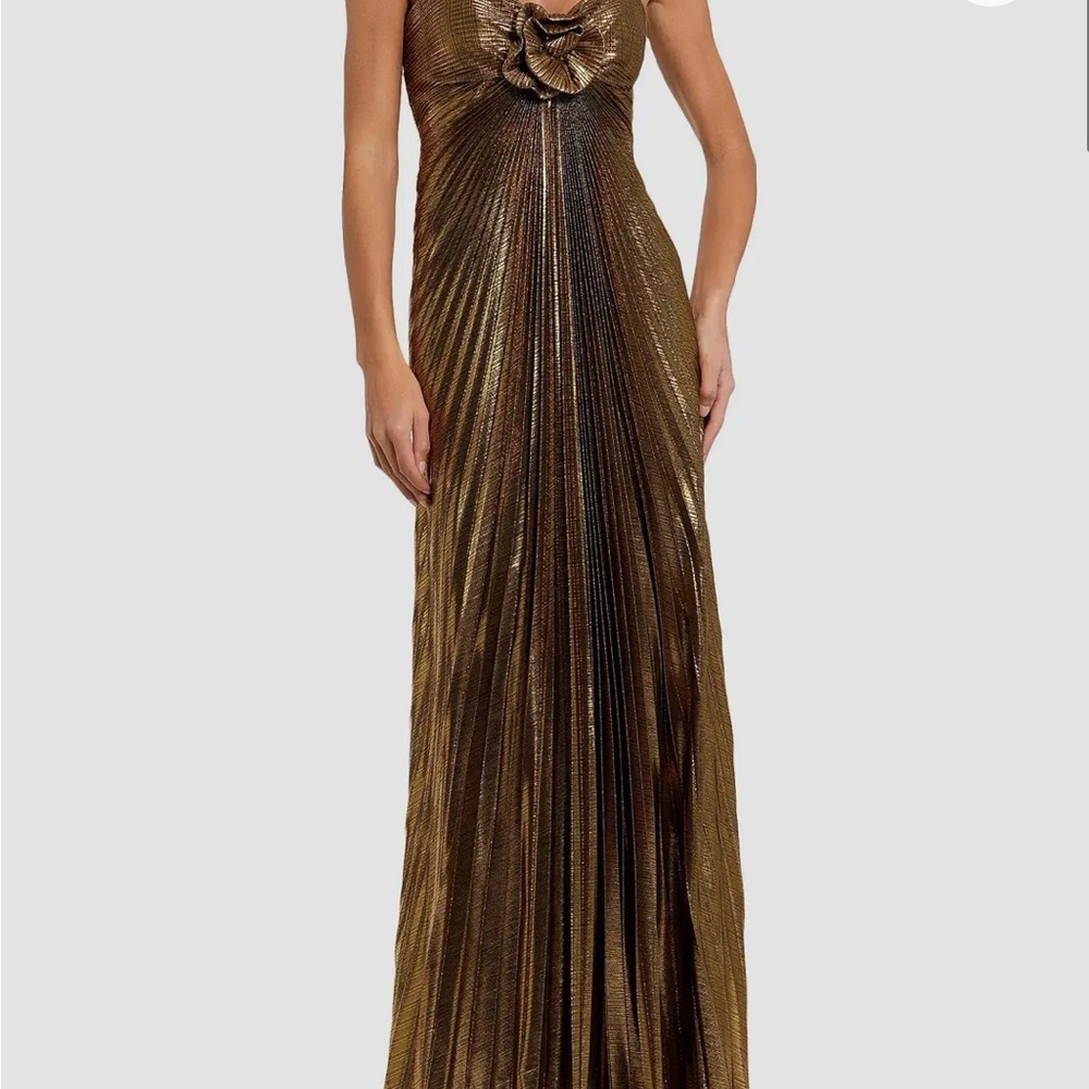 Mac Duggal Metallic Gold Pleated Maxi Gown
